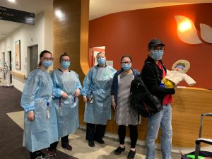 Werribee Mercy Hospital midwives (L-R) Emma, Nicole and Sandra farewelling mum Yuan, dad Prashant and baby Ethan