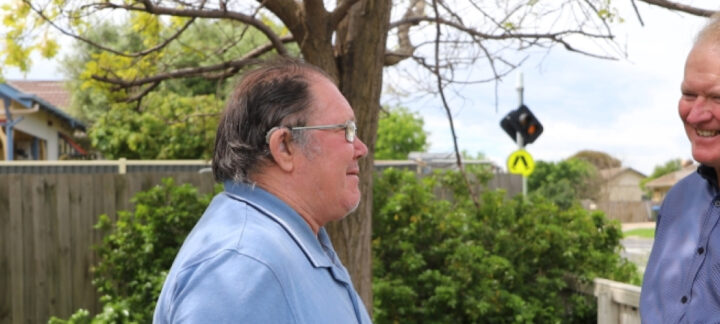 Mercy Palliative Care volunteer Brian Young (right) with patient Allan Howlett (left) at Allan’s home in Werribee.